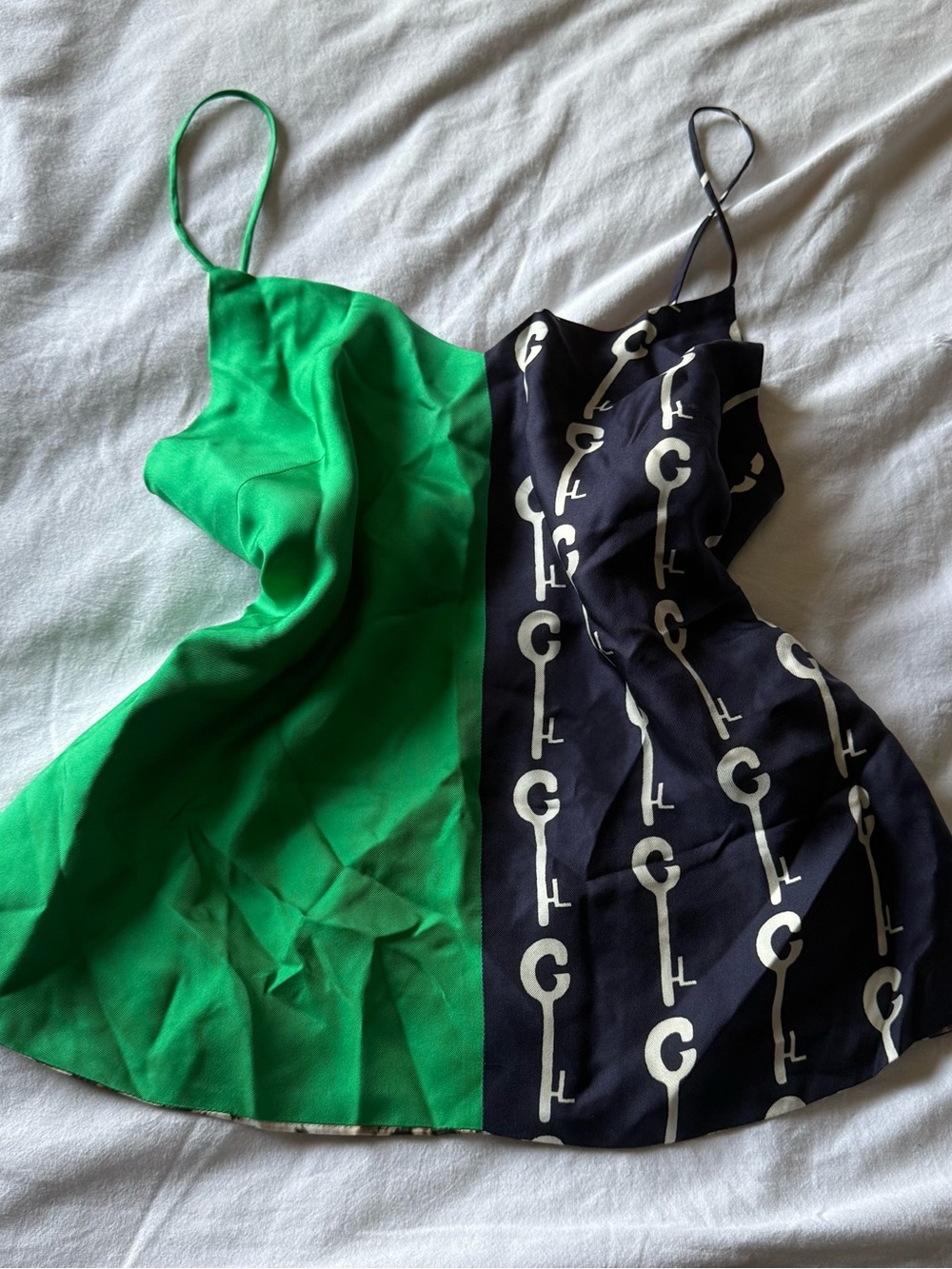 100% Silk Green and Black Key-Print Satin Cami Tank Top